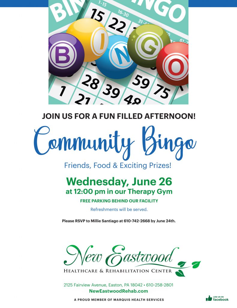 Community Bingo 6 26 New Eastwood Healthcare Rehabilitation Center Community Bingo 6 26 New Eastwood Healthcare Rehabilitation Center